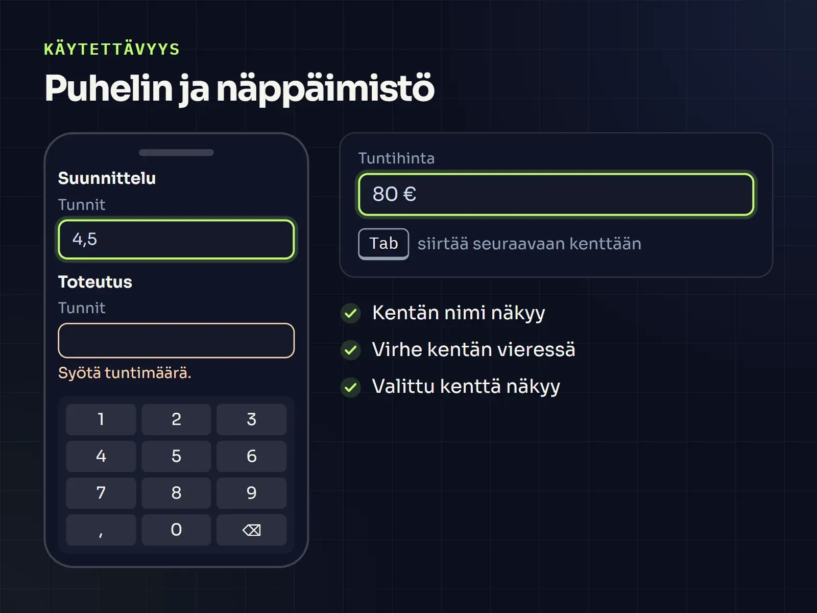 Puhelin- ja näppäimistötesti: kentän nimi näkyy näppäimistön ollessa auki, virhe kerrotaan kentän vieressä ja valittu kenttä näkyy selvästi näppäimistöllä liikuttaessa.