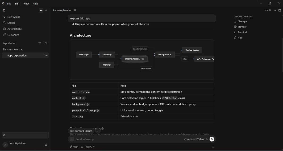 Cursorin agentti selittää projektin arkkitehtuurin ja keskeisten tiedostojen roolit.